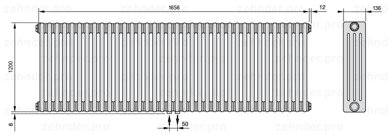 Схема (чертеж) Радиатор Zehnder Charleston 4120/36 №3470 Белый глянцевый RAL 9016